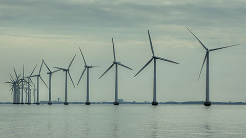 Vindmøller udfor Københavns Havn. Vindmøller producerer vedvarende energi og kan indgå i Power-to-X.